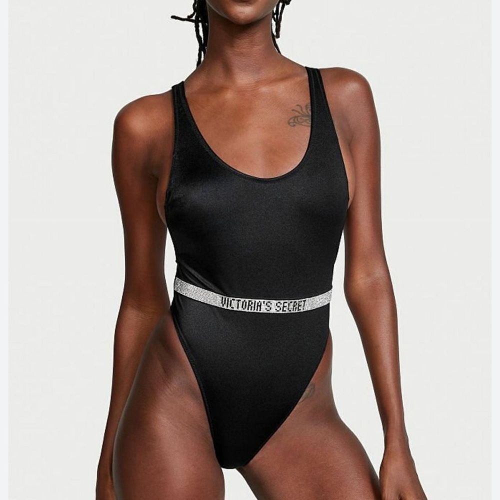 Victorias Secret Swim Bling Shine Strap Plunge One-piece Swimsuit Black Medium